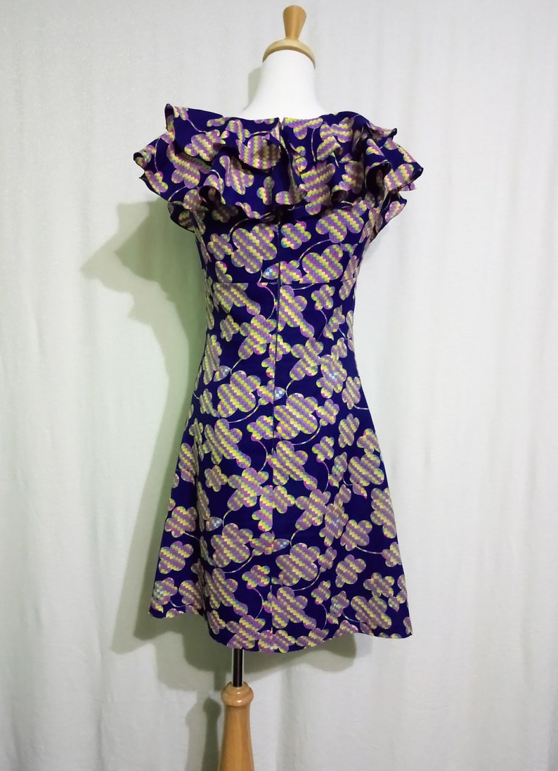 1960s Pop Flower Mini Navy Dress Ruffle Collar Empire Waist Mod Op Art Psychedelic Floral Dice Patterns Small Size