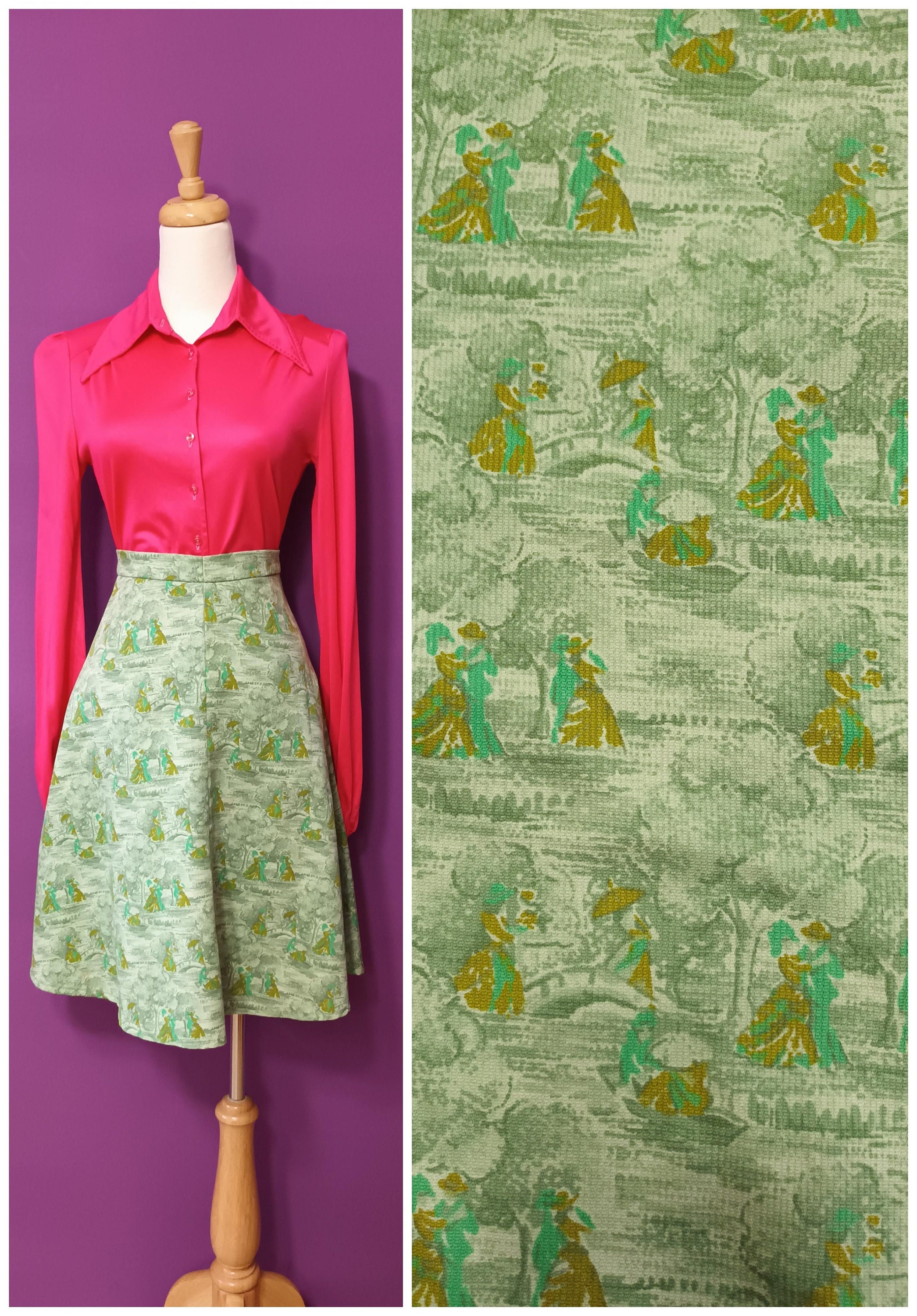 70's フレアスカート vintage Vintage 1970s Green Novelty Print Flare Skirt Mediaeval Lady