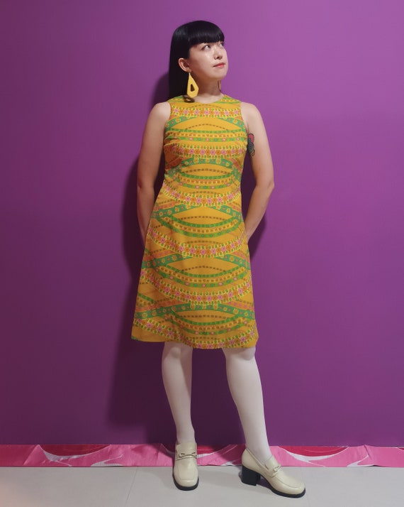 Vintage 1960s Floral Shift Dress: Golden Yellow Mod Style, Made in Japan,  Medium Size