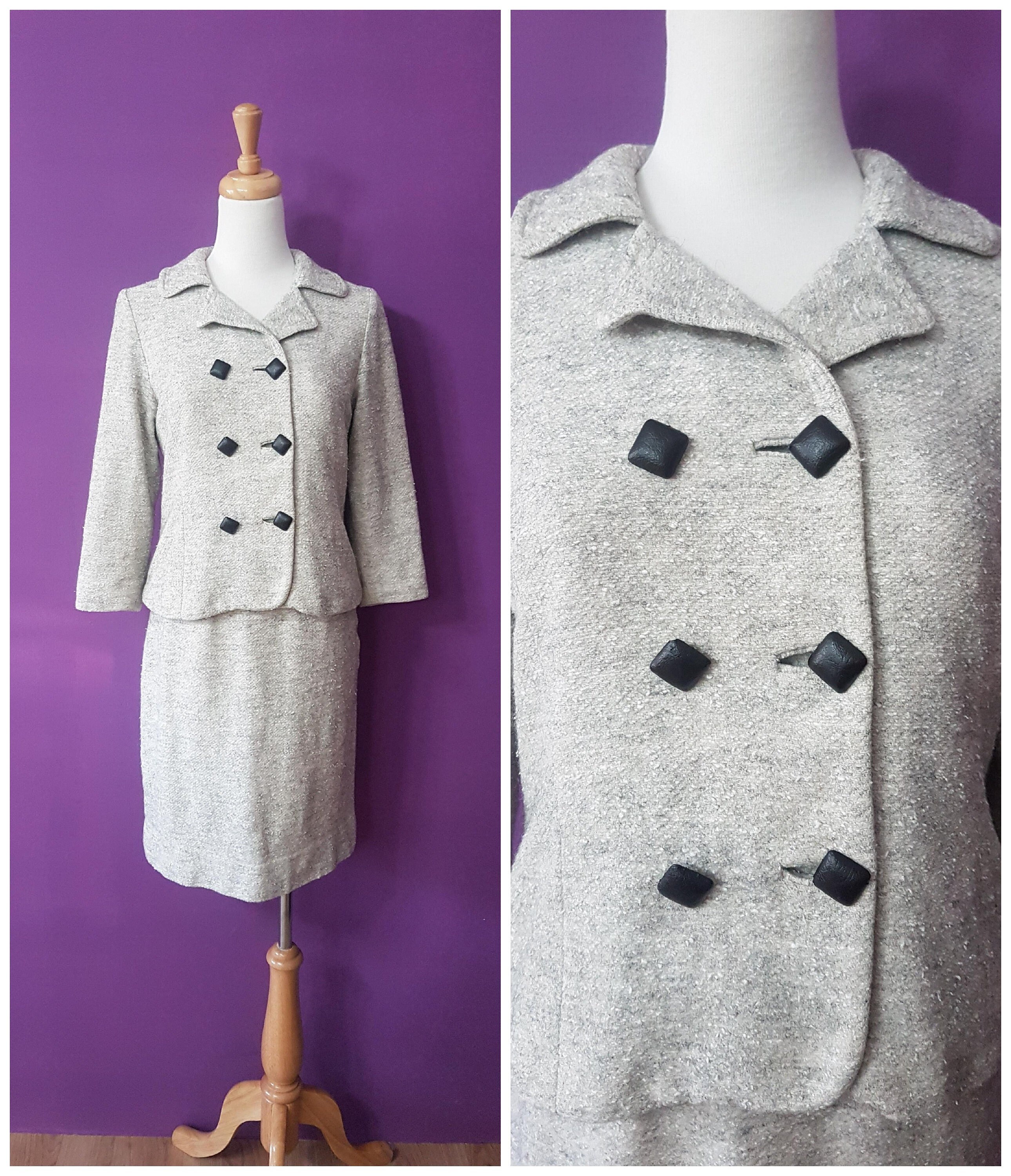 Vintage 1960s Light Grey Wool Suit Jacket and Skirt Two