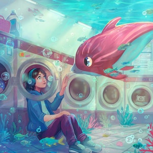 The laundromat print || hight quality wall art, original illustration featuting a cute red dolphin and a girl