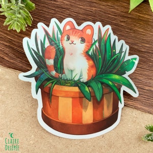 Sticker de chat dans un pot de fleur - autocollant mignon en vynile d'un félin miniature