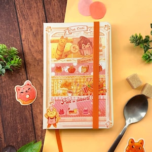 Piccolo quaderno decorato con un simpatico menu di un bar a tema gatto - carta a pois, graziosa cancelleria