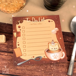 Blocco note, lista delle cose da fare, con un gattino in una tazza da caffè - carta non patinata, graziosa cancelleria
