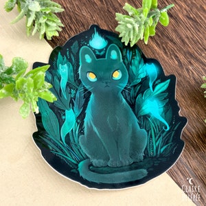 Cute cat surrounded by small spirits , holographic sticker |  kawaii small animal - laptop vynil sticker