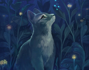 Cat watching the stars print || Wall art of a cute cat in a field of glowy plants