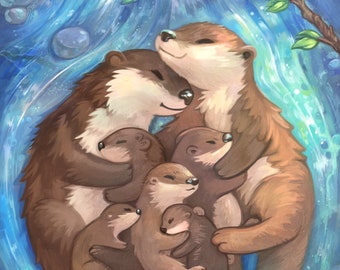Otter family : a cute art print featuring five otters - wall art for nurseries