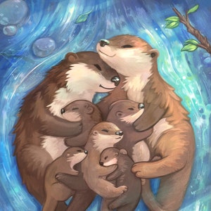 Otter family : a cute art print featuring five otters - wall art for nurseries