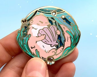 Otter enamel pin -  cute animal pin featuring marine and algae patterns - gold enamel brooch