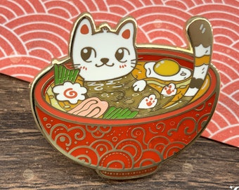 Cute Cat in a bowl of ramen - gold plated pn || japanese inspired enamel pin