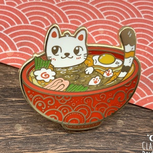 Cute Cat in a bowl of ramen - gold plated pn || japanese inspired enamel pin