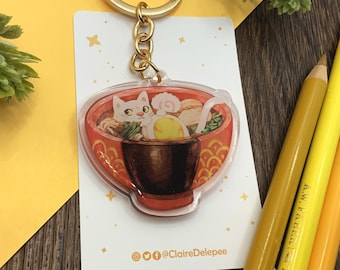 Cat in ramen noodles keychain | Animal keychain - Cute Acrylic keyring- Japanese Noodles charm - kawaaii accessories