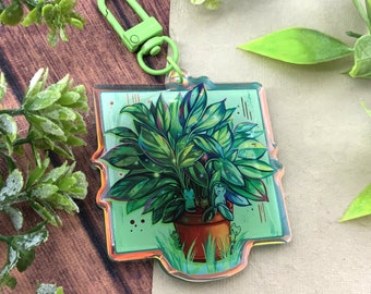 Porte clés  réprésentant un pot de plantes avec 5 petits chats  || charm transparent acrylique