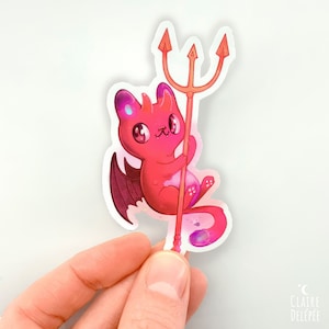 Sticker de petit chat démon avec une fourche  | Sticker original de chat mignon - esprit d' halloween