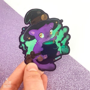 Sticker de petit chat sorcier avec son familier grenouille | Sticker original de chat mignon - esprit d' halloween