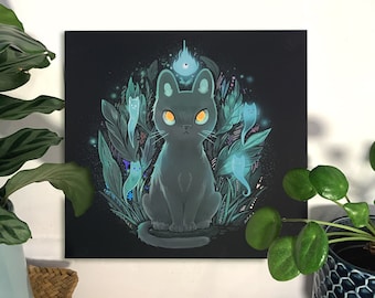 Impression version luxe avec du foil holographique métalisé de  "La compagnie spectrale" représentant un chat entouré d'esprits