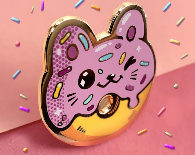Pins de donut chat rose || badge émaillé doré d'animal