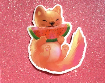 Cute funny cat with watermelon sticker |  food stickers , watermelon sticker, cat sticker