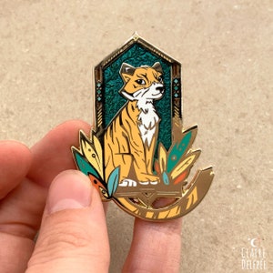 Cute Tiger pin -  cute animal pin standing in front of a stained glass window - gold enamel brooch