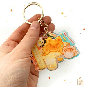 Crossant-Cat and coffee holographic keychain , an acrylic charm of food shaped kitten- kawaii acrylic accessory