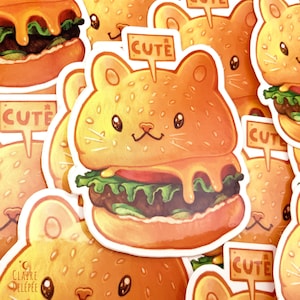 Shiny vinyl sticker of a Cat "Burger" | Cute junk food drawing -  art and cute cats  |  original Sticker