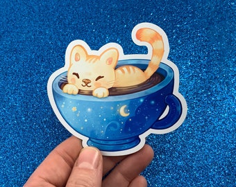 Cute Cat in a strarry cup of coffee - a magnet for friges featuring a kawaii cat