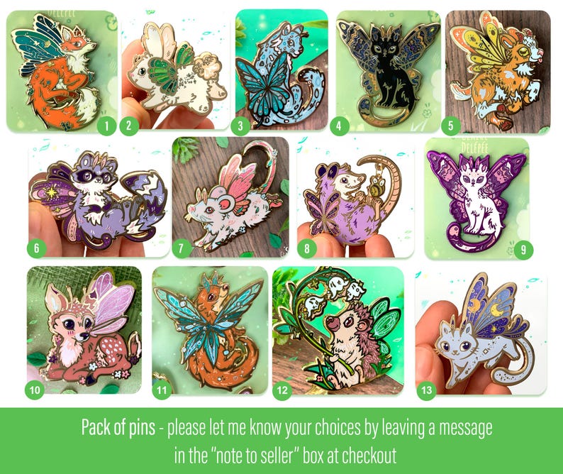 Pode incluir: Uma cole&ccedil;&atilde;o de pins de esmalte com v&aacute;rias criaturas fant&aacute;sticas aladas, incluindo uma raposa, um coelho, um gato e um veado. Cada pin tem cores vibrantes e detalhes intrincados, em um fundo verde.
