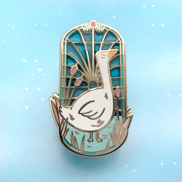 Cute goose pin -  cute pin of an animal standing in frond of a stained glass window - gold enamel brooch