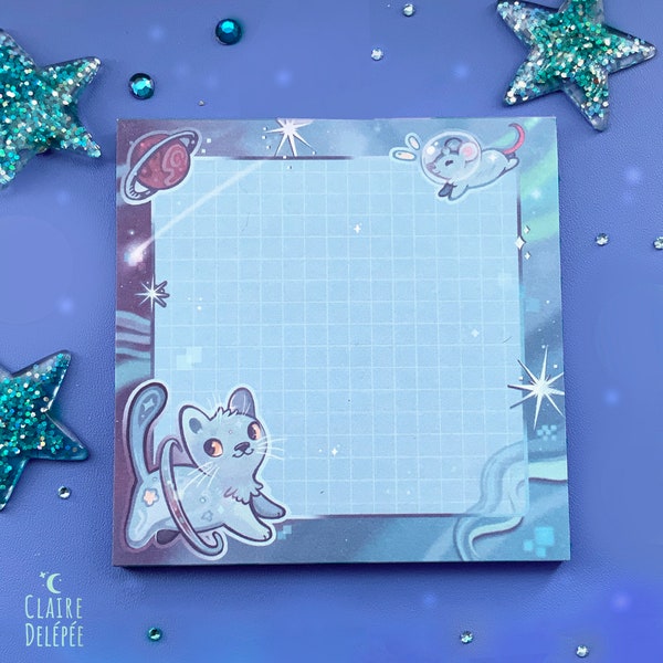 Notepad orned with a cute space cat and a mouse - kawaii stationery