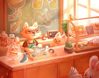 The Cat café || hight quality art print - cute wall art featuring cats and a cut coffee shop