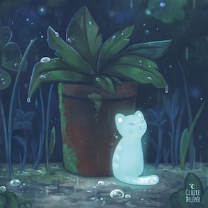 Rainy days  : a cute cat art print -  Square Artwork - cat drawing - cute cat drawing