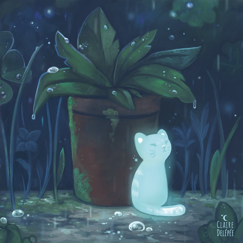 Rainy days : a cute cat art print - Square Artwork - cat drawing - cute cat drawing image 1
