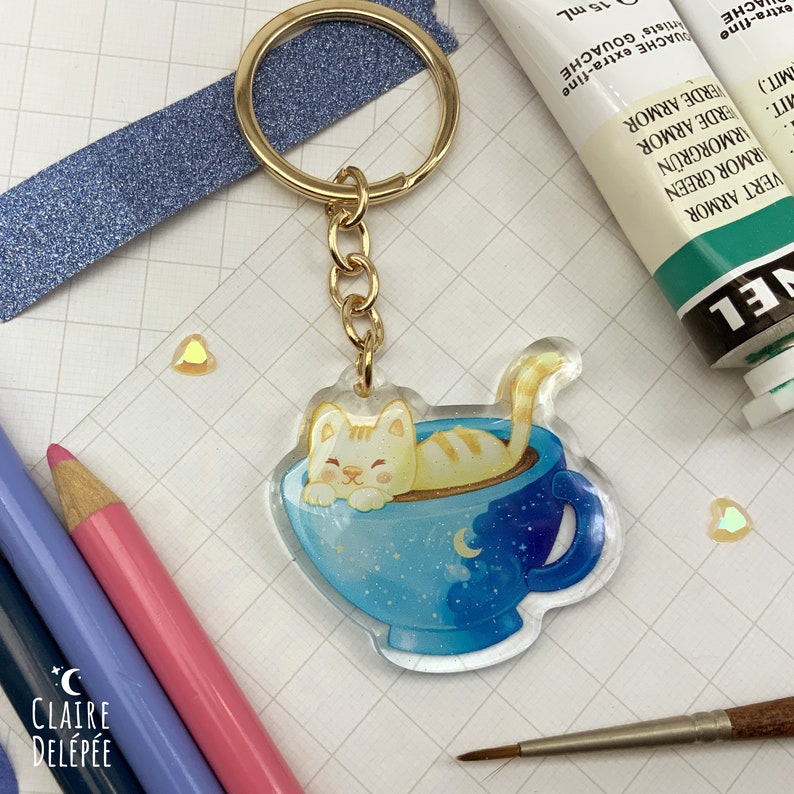 Cute Cat Keychain Cat Keyring a Cat in a Cup of Glittery | Etsy