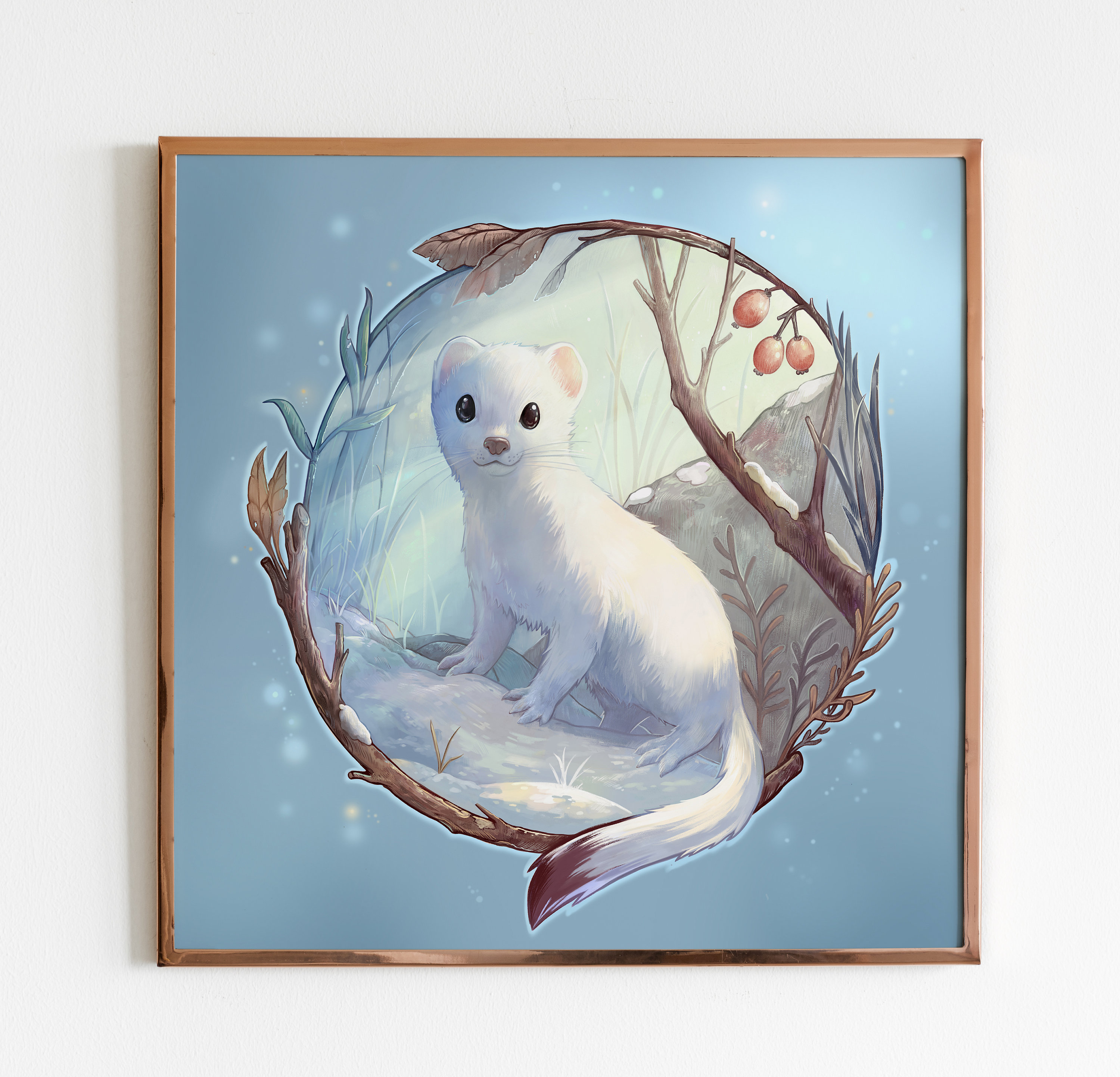 冬の散歩：冬の毛皮をまとったオコジョのプリントイラスト - Etsy 日本