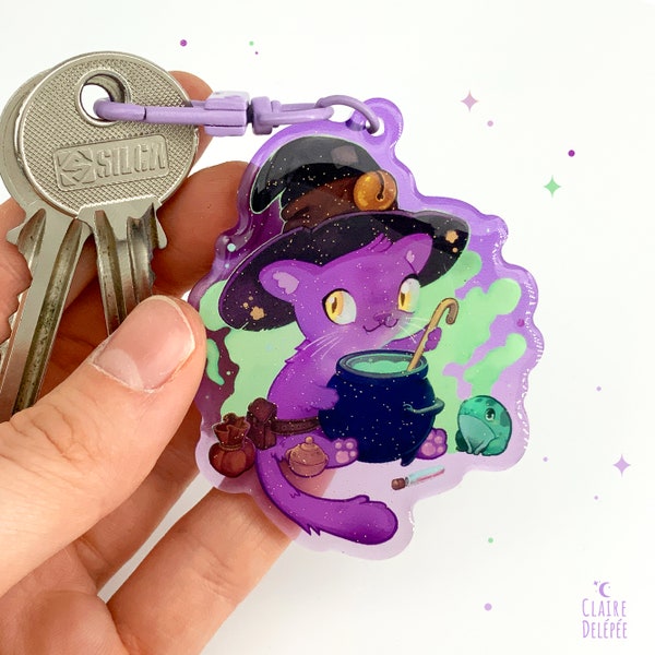 Porte-clés de petit chat sorcier accompagné de son famillier grenouille  || porte clés acrylique transparent violet