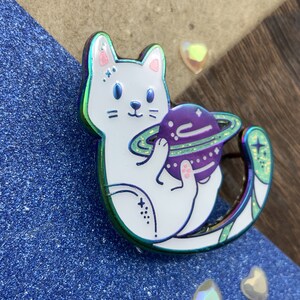 Playfull Space Cat pin - rainbow plated || cat with his toy planet - space soft enamel pin - galaxy cat