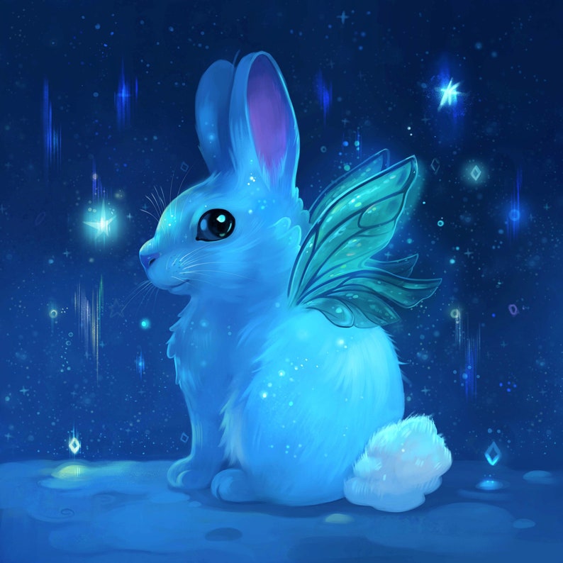 May include: A blue rabbit with green fairy wings sits on a blue surface with a starry night background.