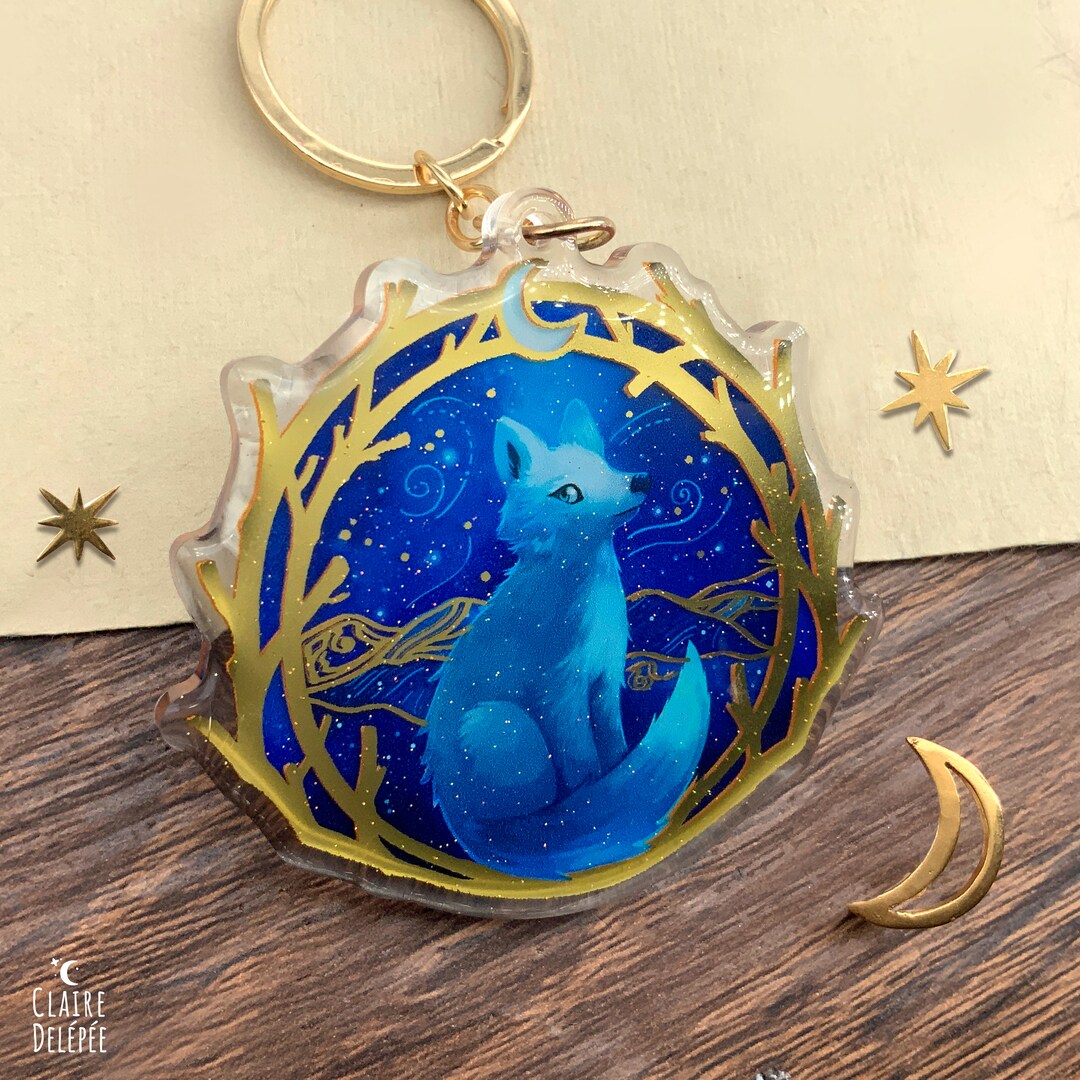 Cute Fox Keychain an Artic Fox in a Golden Frame Made of Tree Branchs