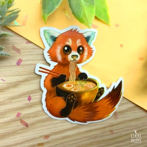 Red panda eating ramens Sticker | Cute red panda  original art Sticker |