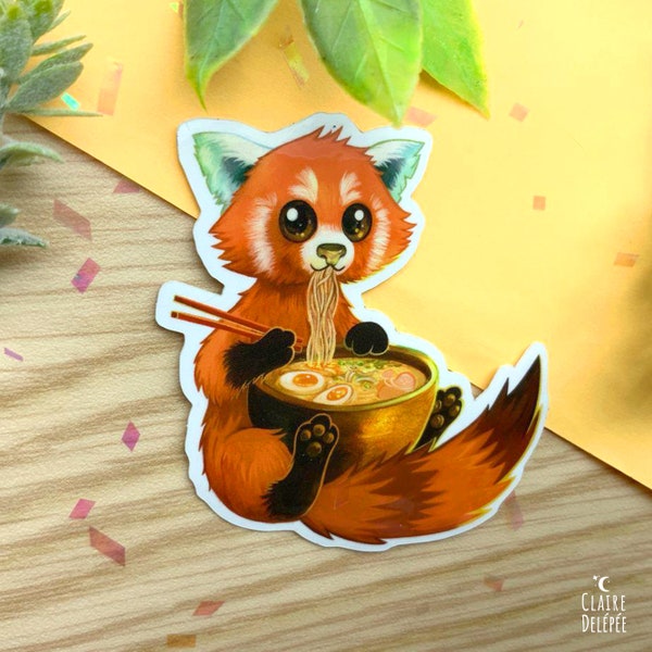 Sticker de Panda roux mignon qui mange des ramens