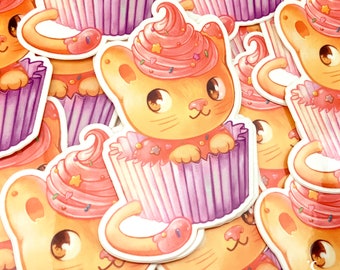 Cupcake-Katzen-Aufkleber || Süßer Gebäckaufkleber: Glänzendes Finish