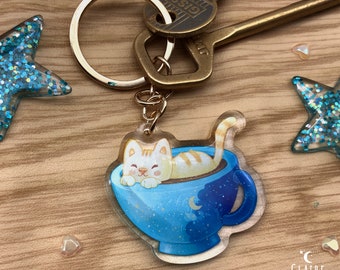 Cute cat keychain - cat keyring, a cat in a cup of glittery coffee ||  cute acrylic charm || kawaii keychain