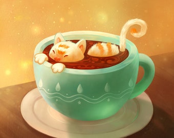 Catpuccino : impression 21x21cm || Un chat mignon dans une tasse de café