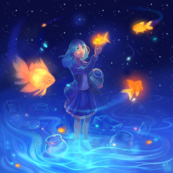 Shiny : a Cute Art Print Featuring a Girl and Shiny Fish Square