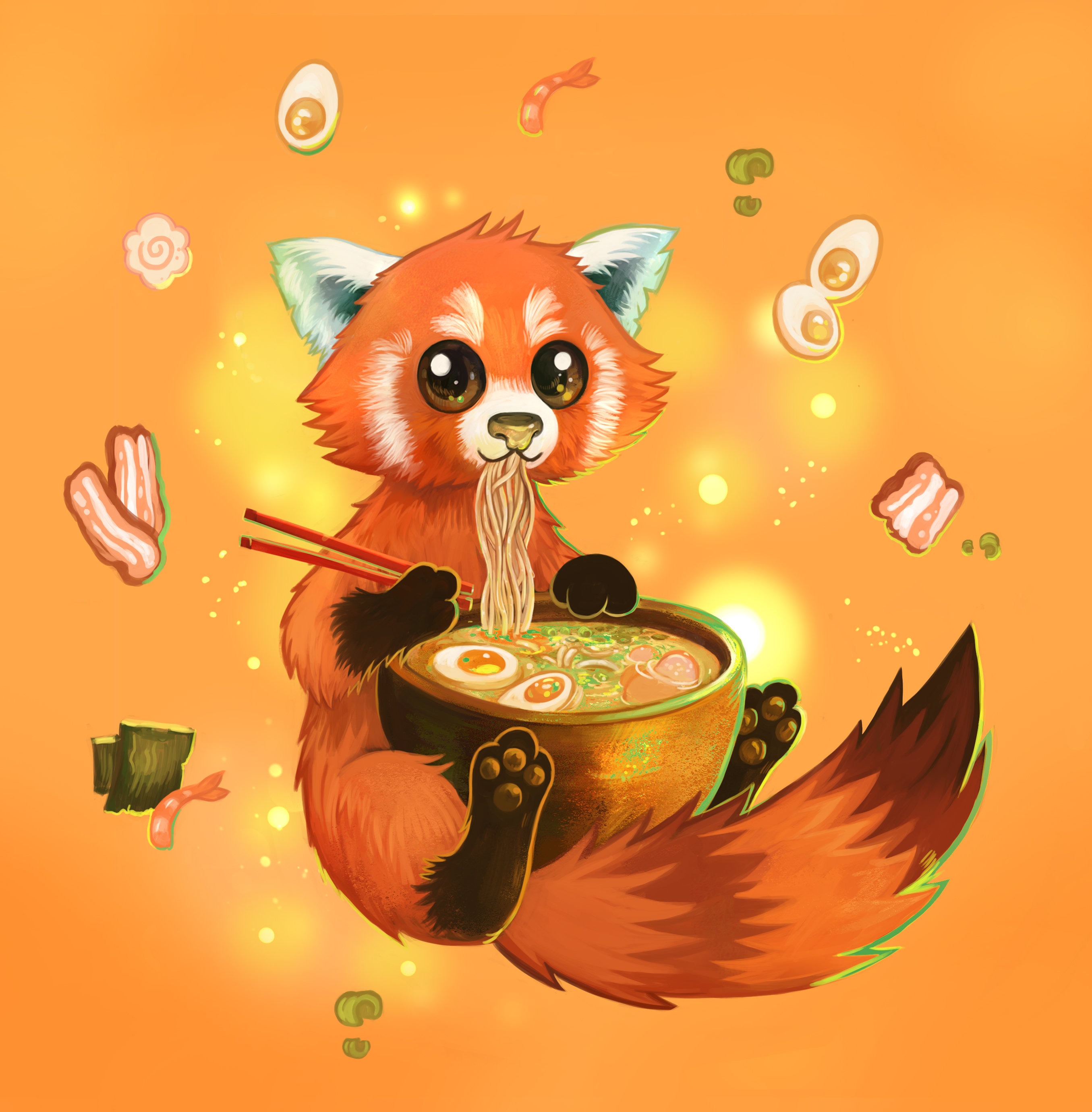 Red Panda Eating Noodles Square Print 21x21cm Etsy