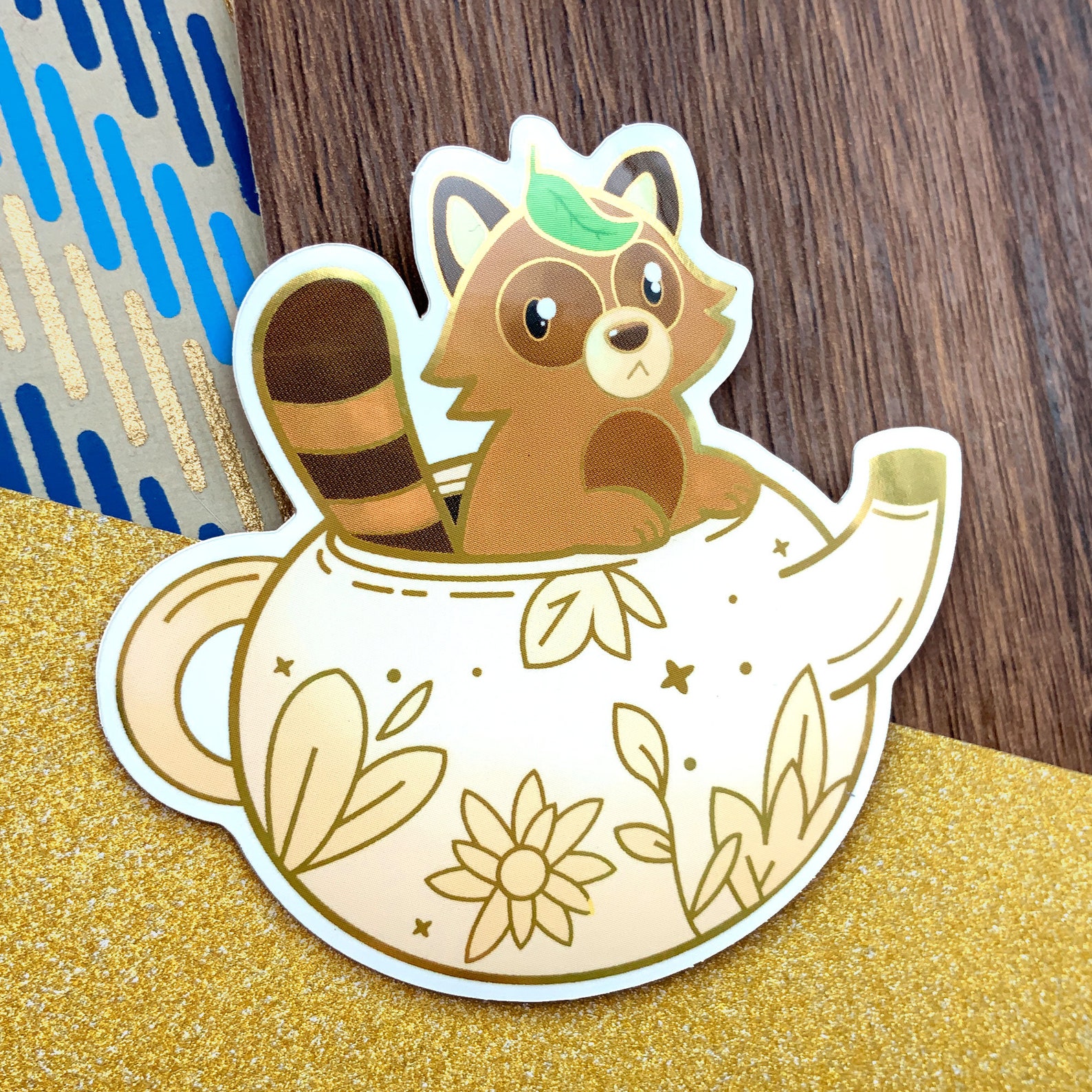 Tanuki in Teapot Sticker Cute Teanuki Original Art Golden Etsy
