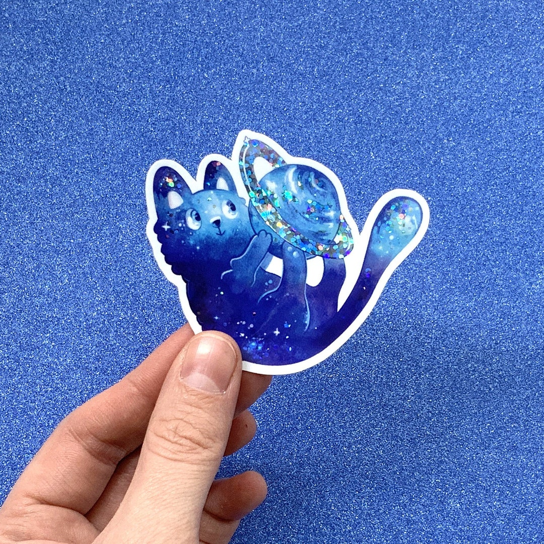 Playfull Starry Cat Sticker | Cute Cat With His Planet Toy Original Art ...