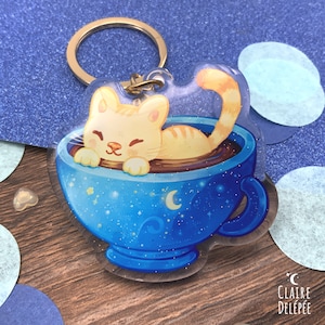 Cute cat keychain - cat keyring, a cat in a cup of glittery coffee ||  cute acrylic charm || kawaii keychain