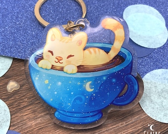 Cute cat keychain - cat keyring, a cat in a cup of glittery coffee ||  cute acrylic charm || kawaii keychain