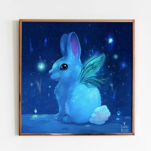 May include: A blue rabbit with iridescent wings sits on a blue background with white stars. The rabbit has a white tail and a light blue body. The wings are green and blue. The background is a dark blue with white stars. The artist's signature, "CLAIRE DELEPEE", is in the bottom right corner.